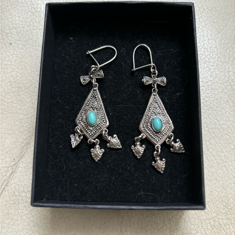 Vintage Edwardian to Art Deco 925 Sterling Silver & Turquoise Drop Earrings